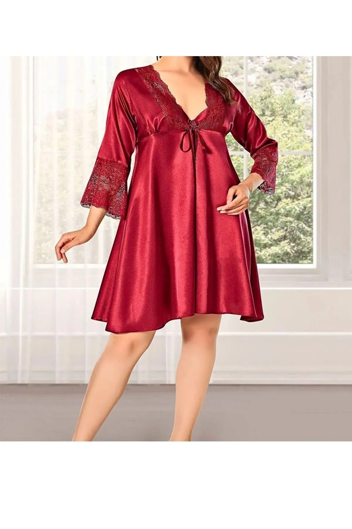 Kadın Bordo Saten Çeyiz Seti 6 Parça Dantelli Sabahlık Gecelik Pijama Şortlu Takım R.O.Z.8.6.E.LT.A