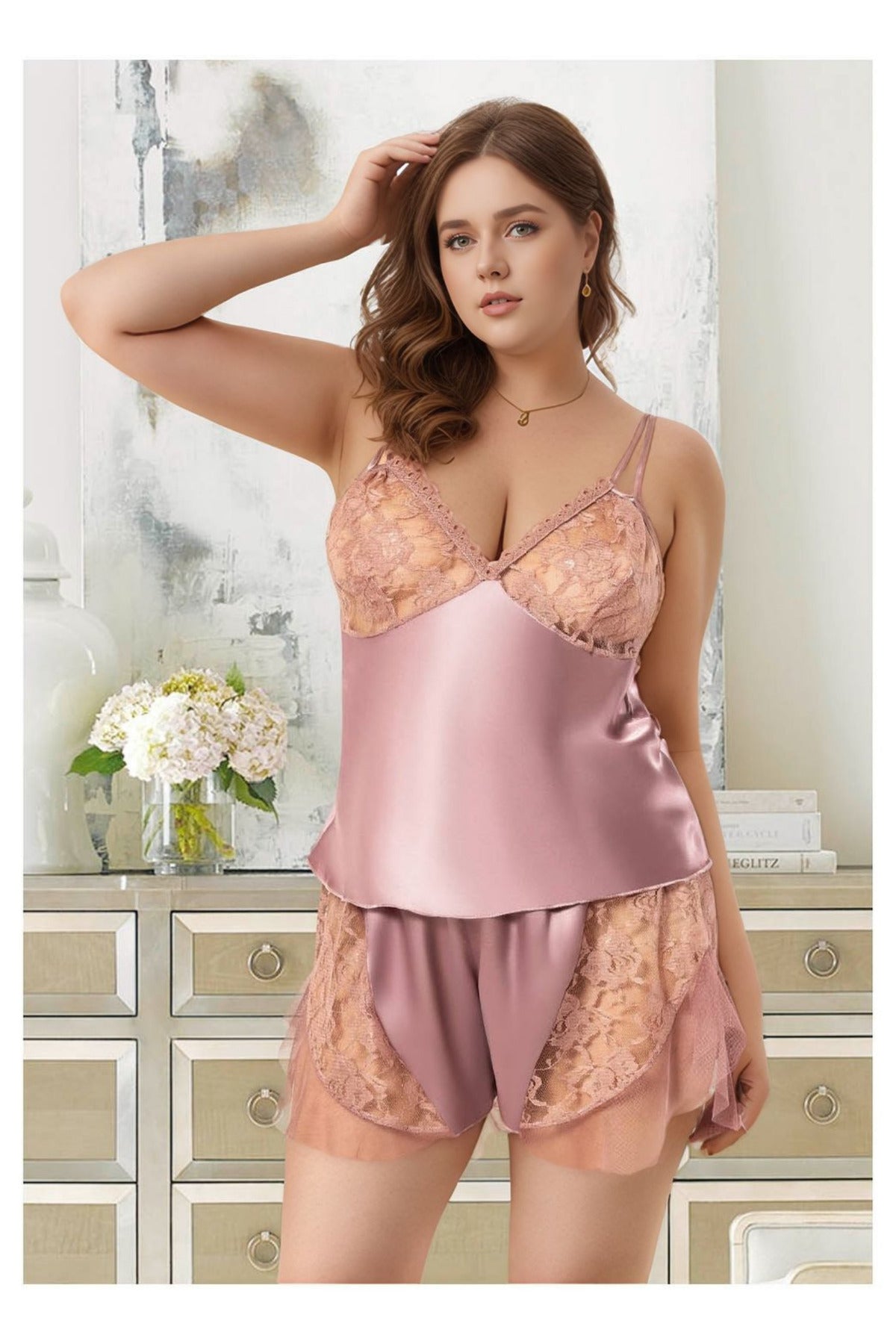 Kadın Büyük Beden Gül Kurusu Saten Şortlu Pijama Takımı Dantelli Tüllü