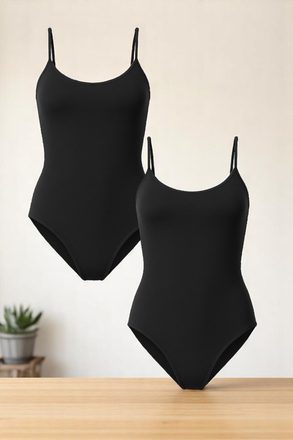 Kadın Pamuklu İp Askılı Geniş Yaka Siyah 2'li Çıtçıtlı Body