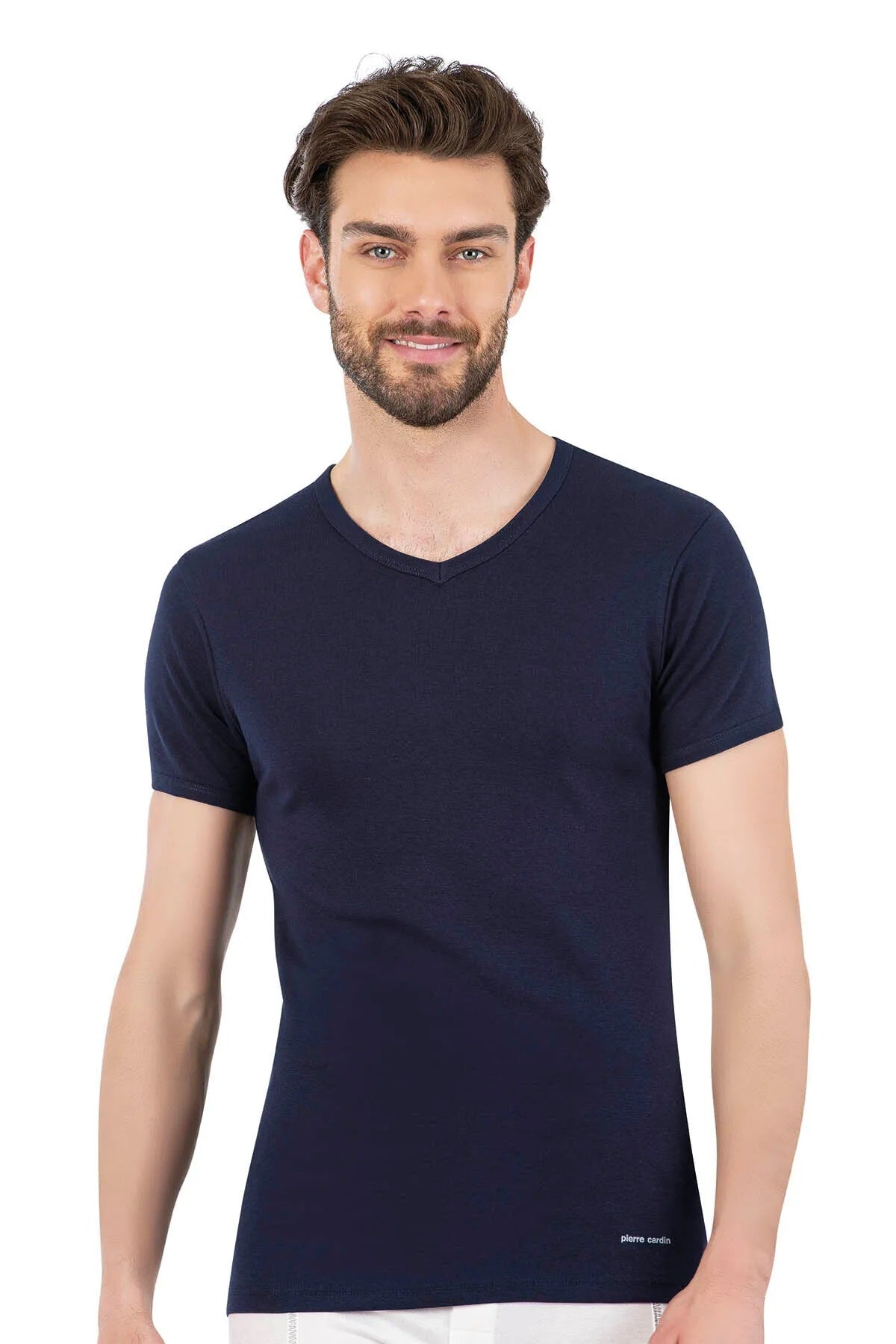 Erkek Lacivert Ribana V Yaka T-Shirt  2'li Pamuklu Kutulu R.O.4.Z.4.E.L2.T.