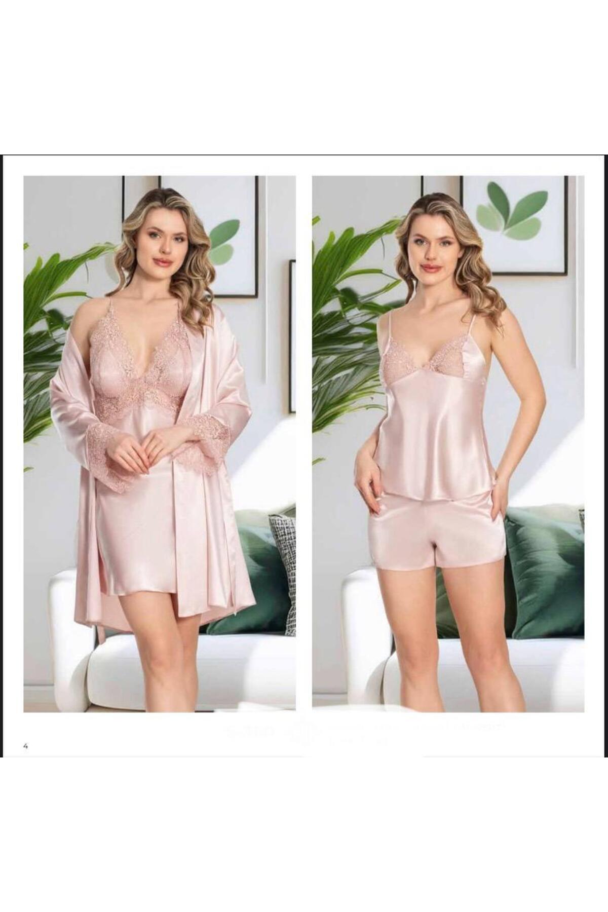 Kadın Pudra Saten Gecelik Sabahlık Pijama Takım Şort Takım 6'lı Set J.ER.3.R.O.Z6.0.E.L.T.