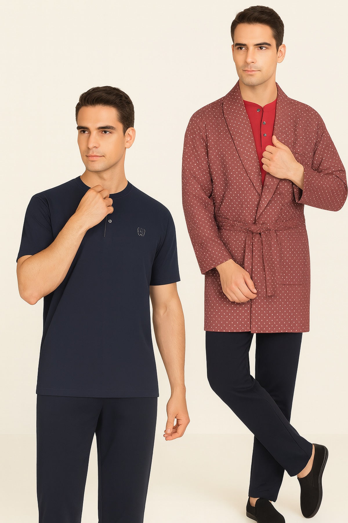 Erkek Bordo %100 Pamuklu 5 Parça Şort-Tişört & Uzunkol Üst- Uzun Alt Robdöşambr Kutulu Pijama Takımı