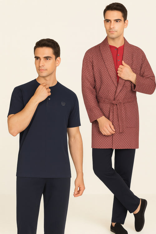 Erkek Bordo %100 Pamuklu 5 Parça Şort-Tişört & Uzunkol Üst- Uzun Alt Robdöşambr Kutulu Pijama Takımı
