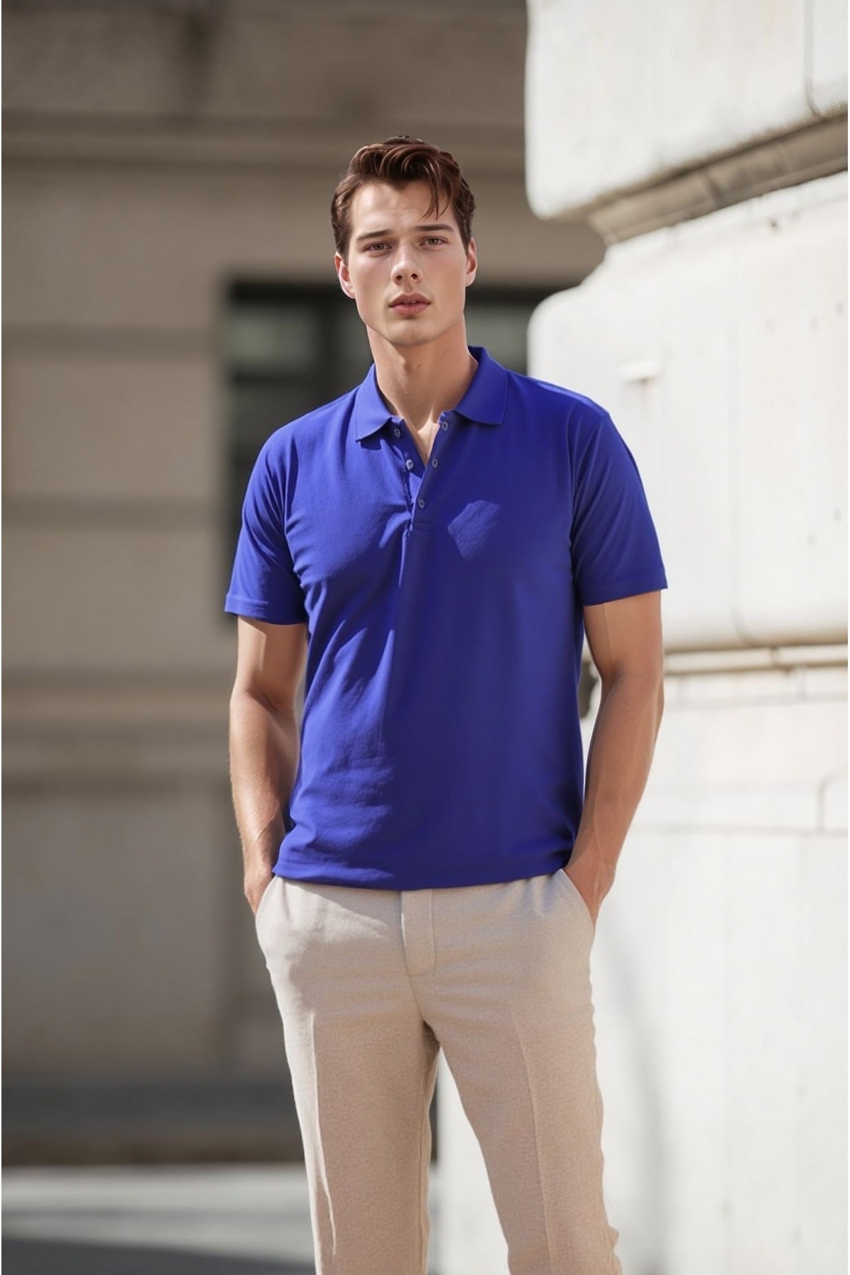 Erkek Saks Mavi Pamuklu Polo Yaka T-shirt
