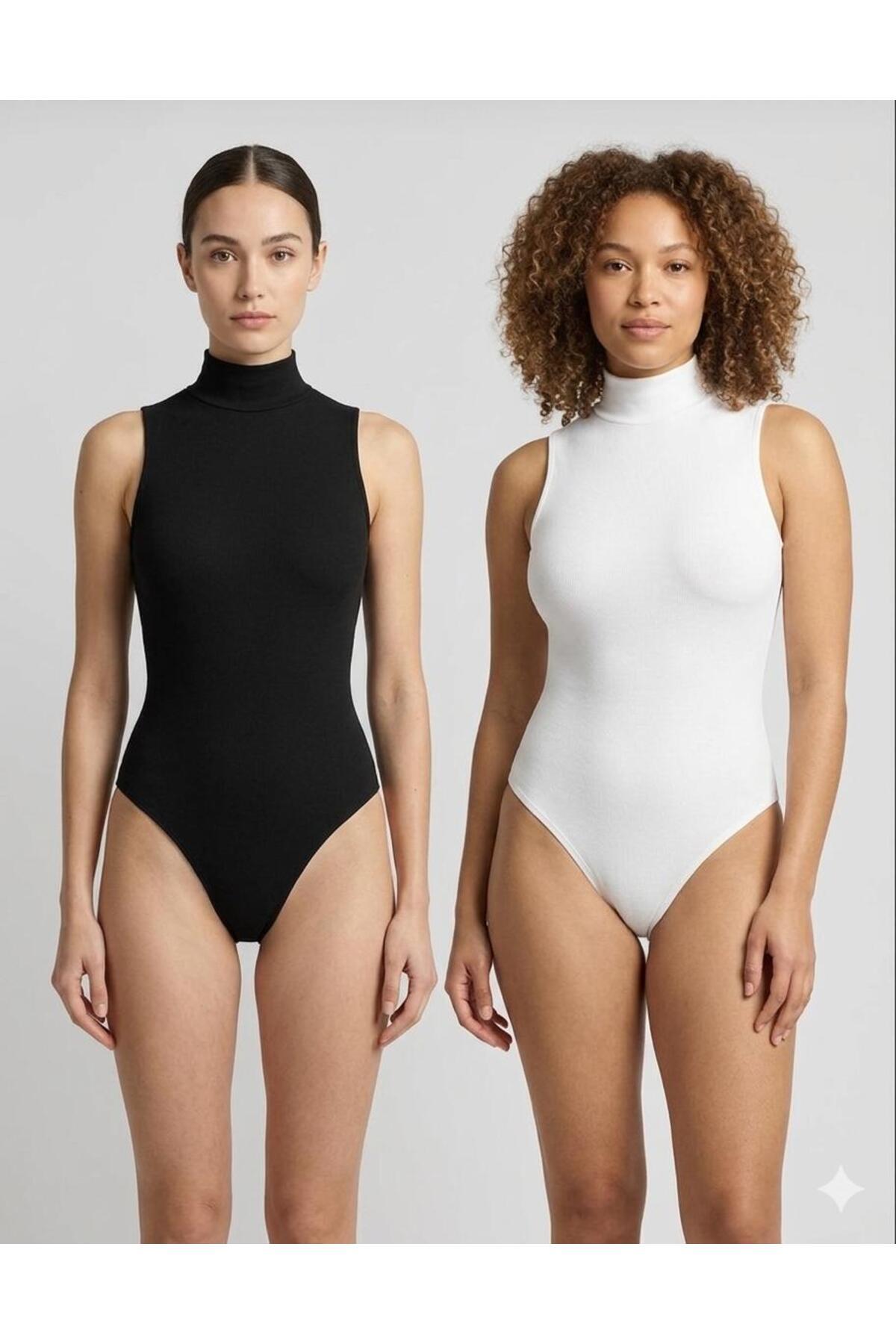 Kadın Siyah&Beyaz Pamuklu Likralı Penye Kolsuz 2'li Çıtçıtlı Body
