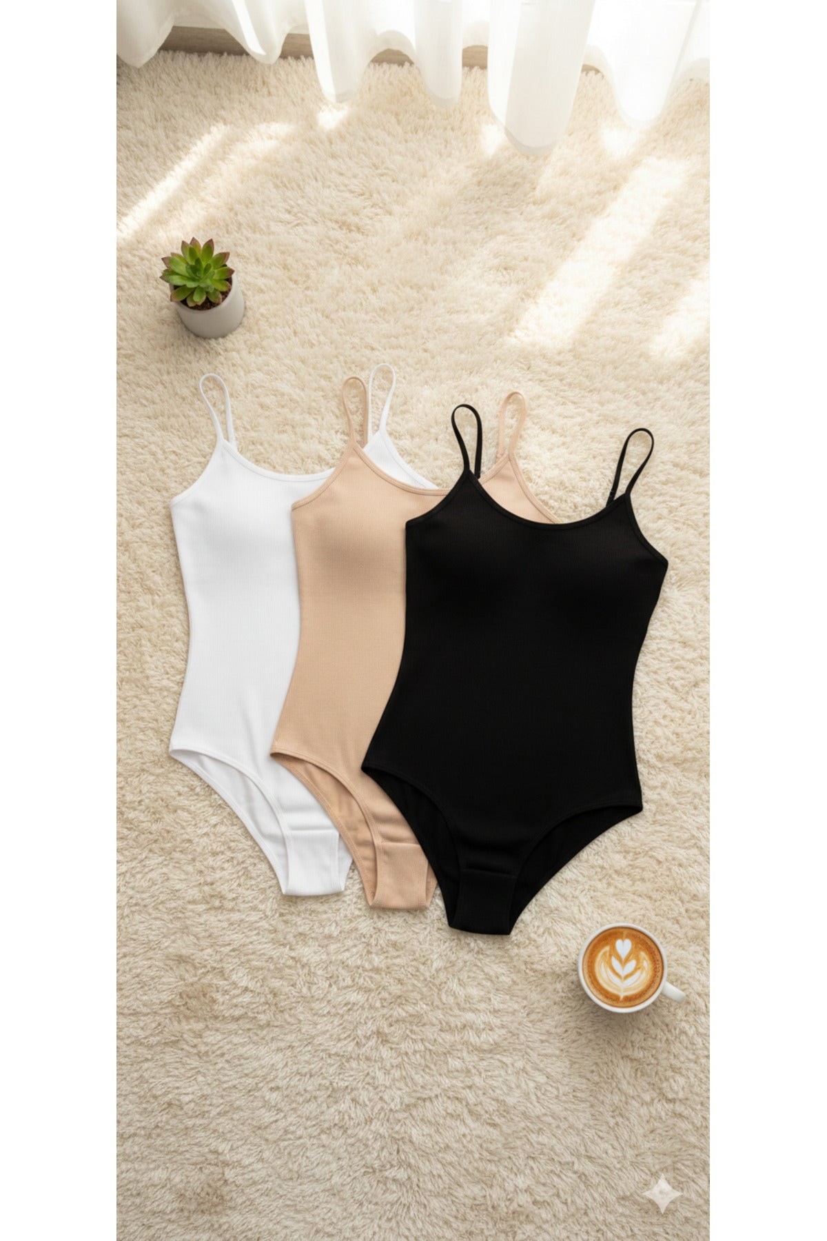 Kadın Siyah & Beyaz & Ten İnce Askılı Body 3'lü Paket Basic Esnek Kumaş Günlük Bodysuit
