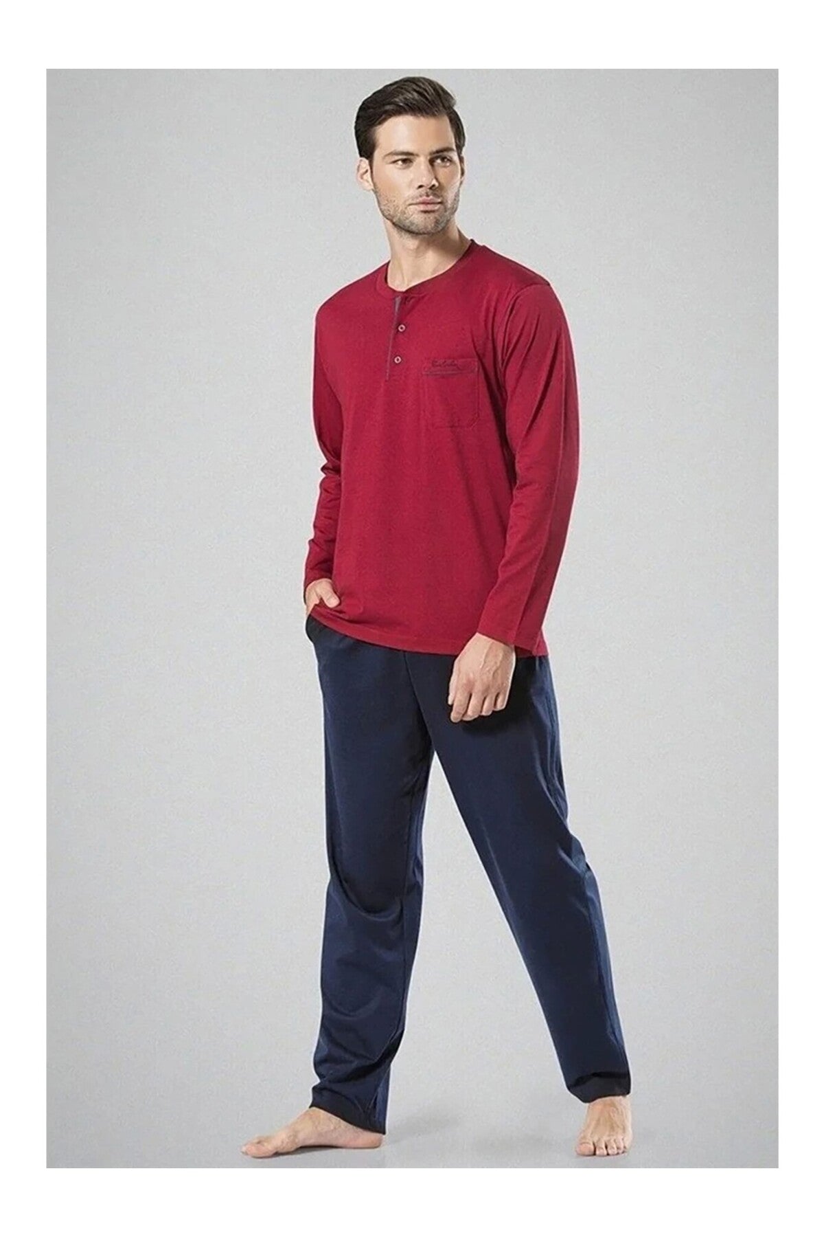 Erkek Bordo Pamuklu Çeyizlik Kutulu Pijama Takımı Terlik Set