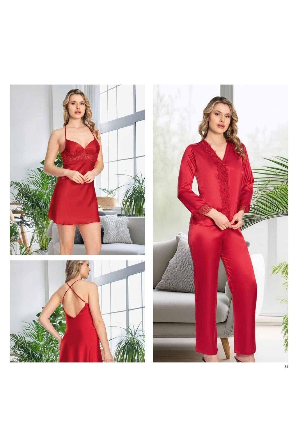 Kadın Bordo Saten Gecelik Sabahlık Pijama Takım Şort Takım 6'lı Set J.ER.3.R.O.Z5.5.E.L.T.