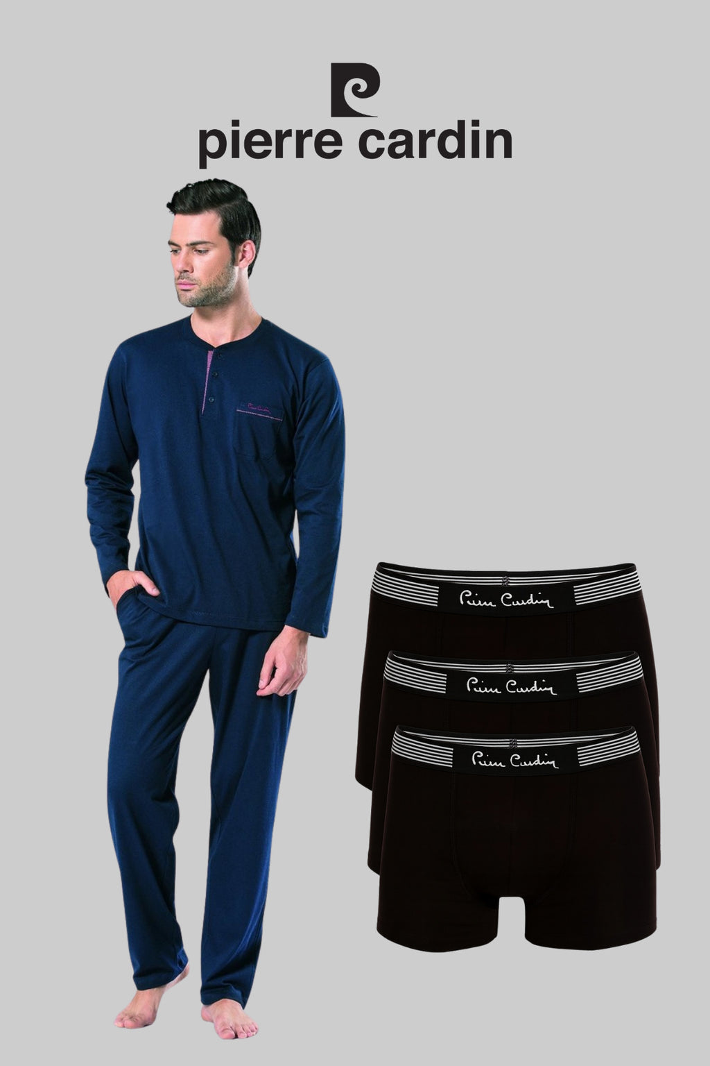 Erkek Lacivert Pamuklu Çeyizlik Kutulu Pijama Takımı 3'lü Boxer Set