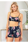 Kadın Lacivert Çiçek Desenli Saten Şortlu Pijama Takımı