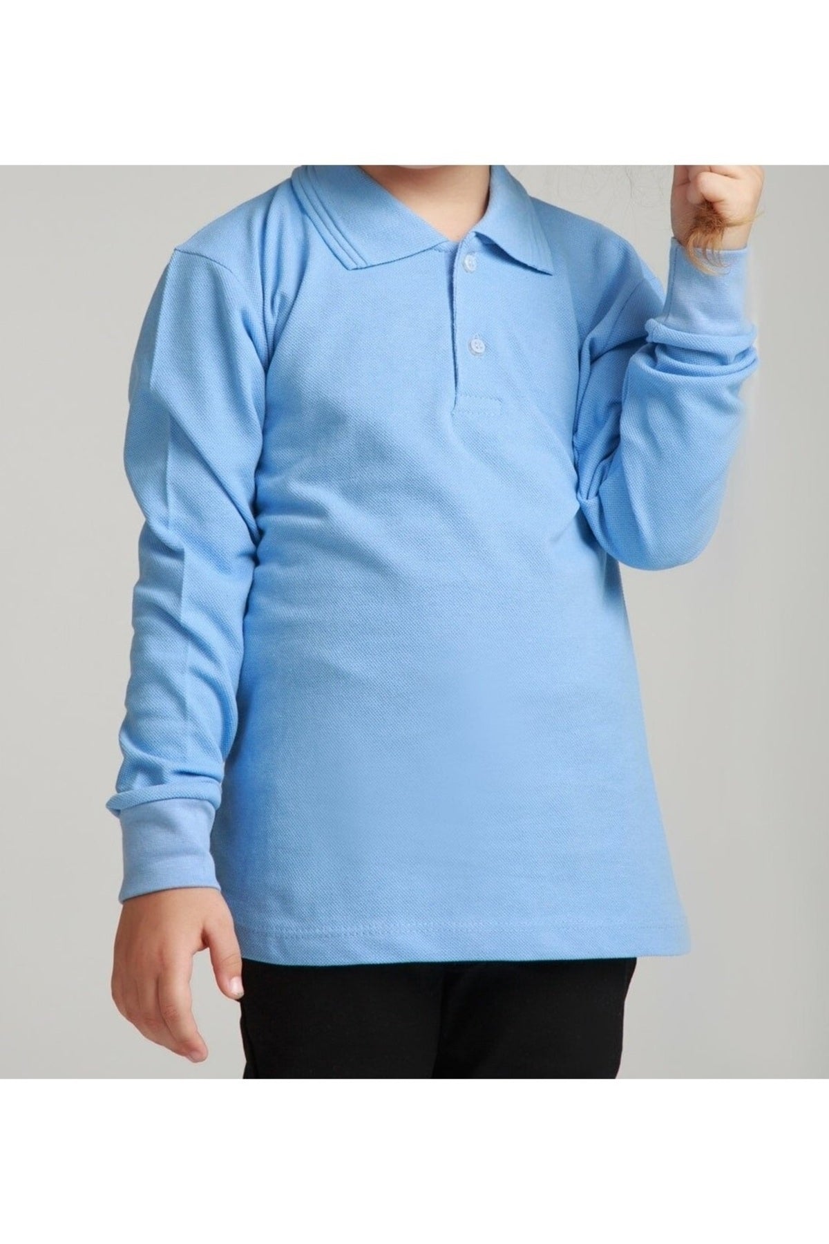 Mavi Uzun Kollu Polo Yaka Lakost  Okul T-shirt R.O.Z.K.U.U.LT.E.L.T.