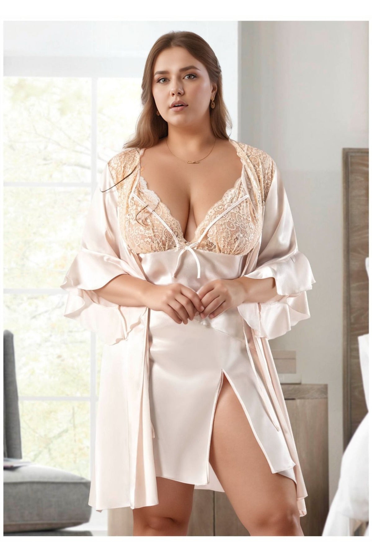 Büyük Beden Saten Gecelik Sabahlık Takımı - Fildişi Dantel Detaylı 2'li Plus Size