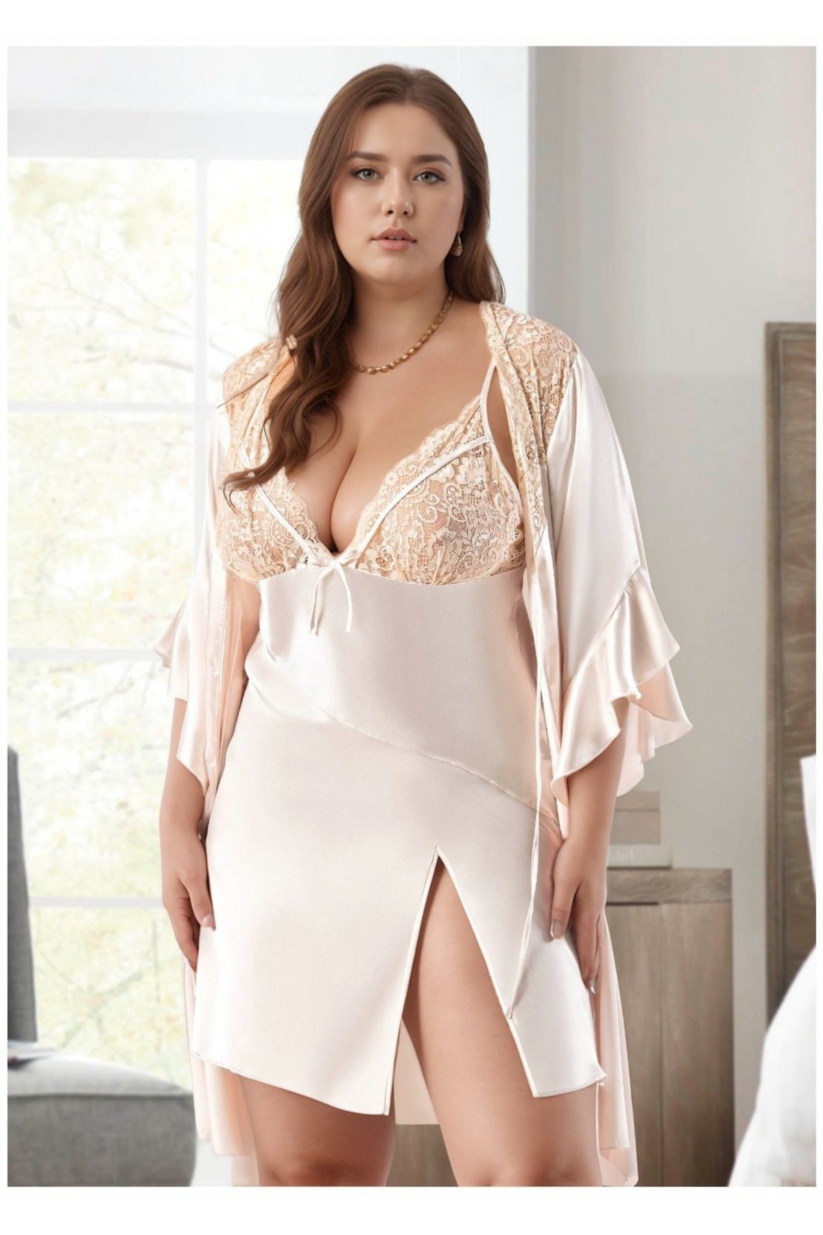 Büyük Beden Saten Gecelik Sabahlık Takımı - Fildişi Dantel Detaylı 2'li Plus Size