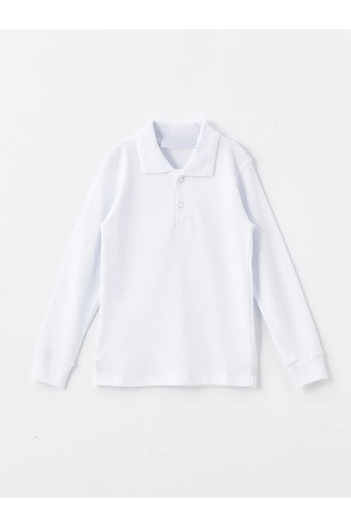 Beyaz Uzun Kollu Polo Yaka Lakost  Okul T-shirt R.O.Z.K.U.U.LT.E.L.T.