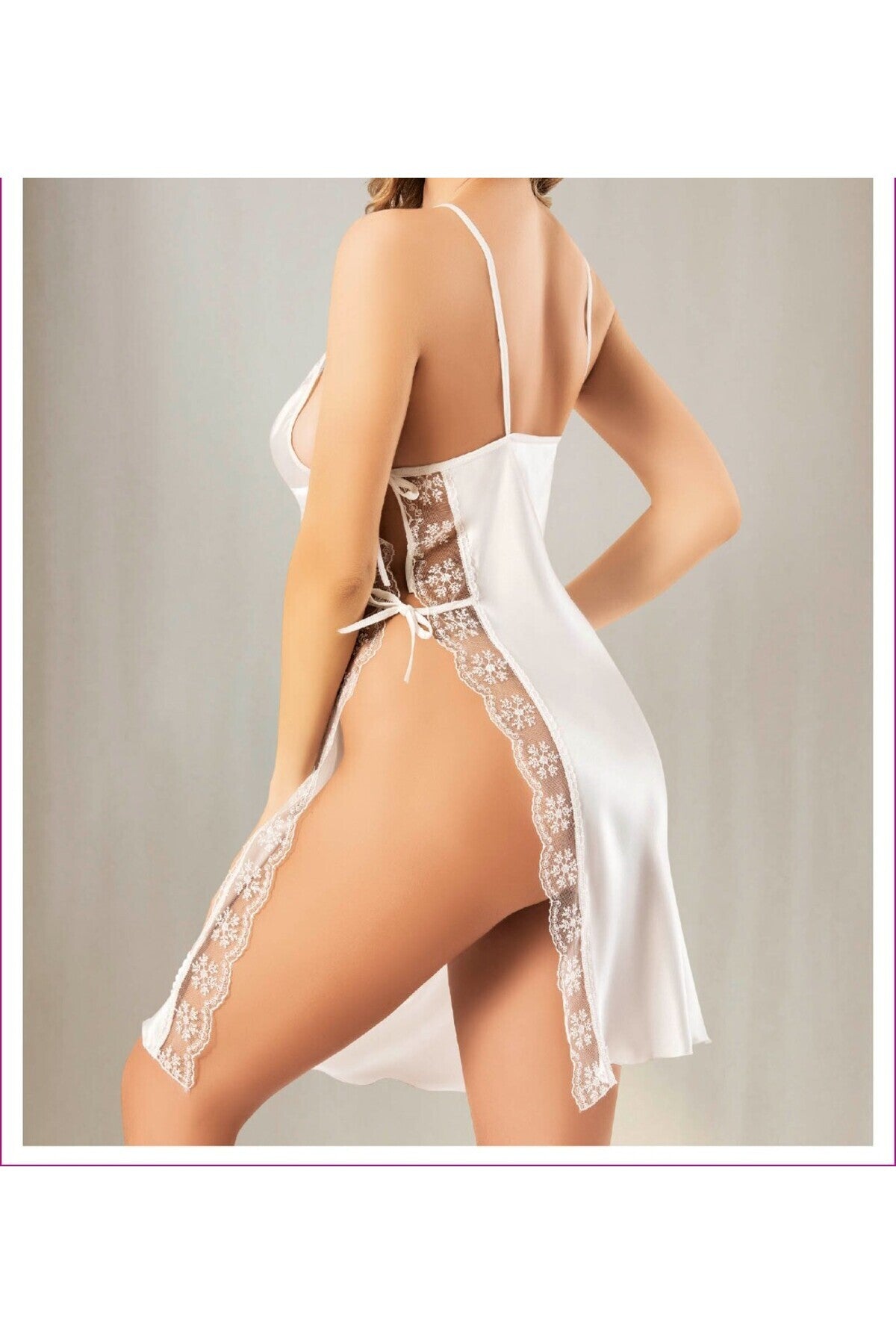 Ekru Dantelli Saten Gecelik Yan Bağlama Detaylı Kadın Babydoll