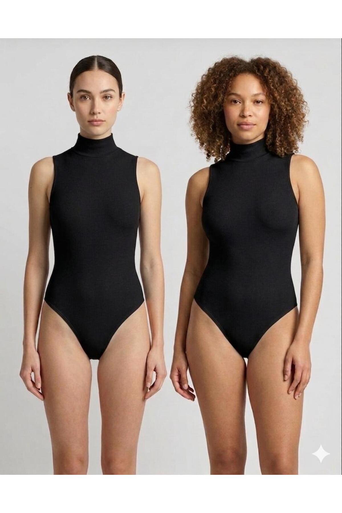 Kadın Siyah Pamuklu Likralı Penye Kolsuz 2'li Çıtçıtlı Body