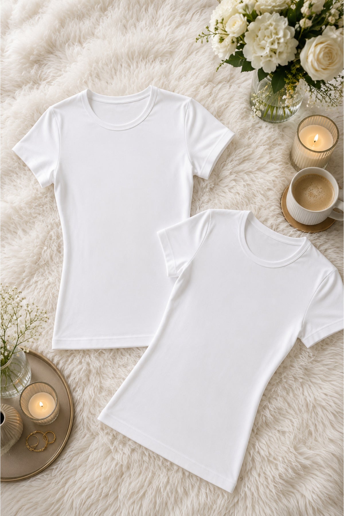Kadın Beyaz Pamuklu Likralı Yarım Kol 2'li Atlet T-shirt