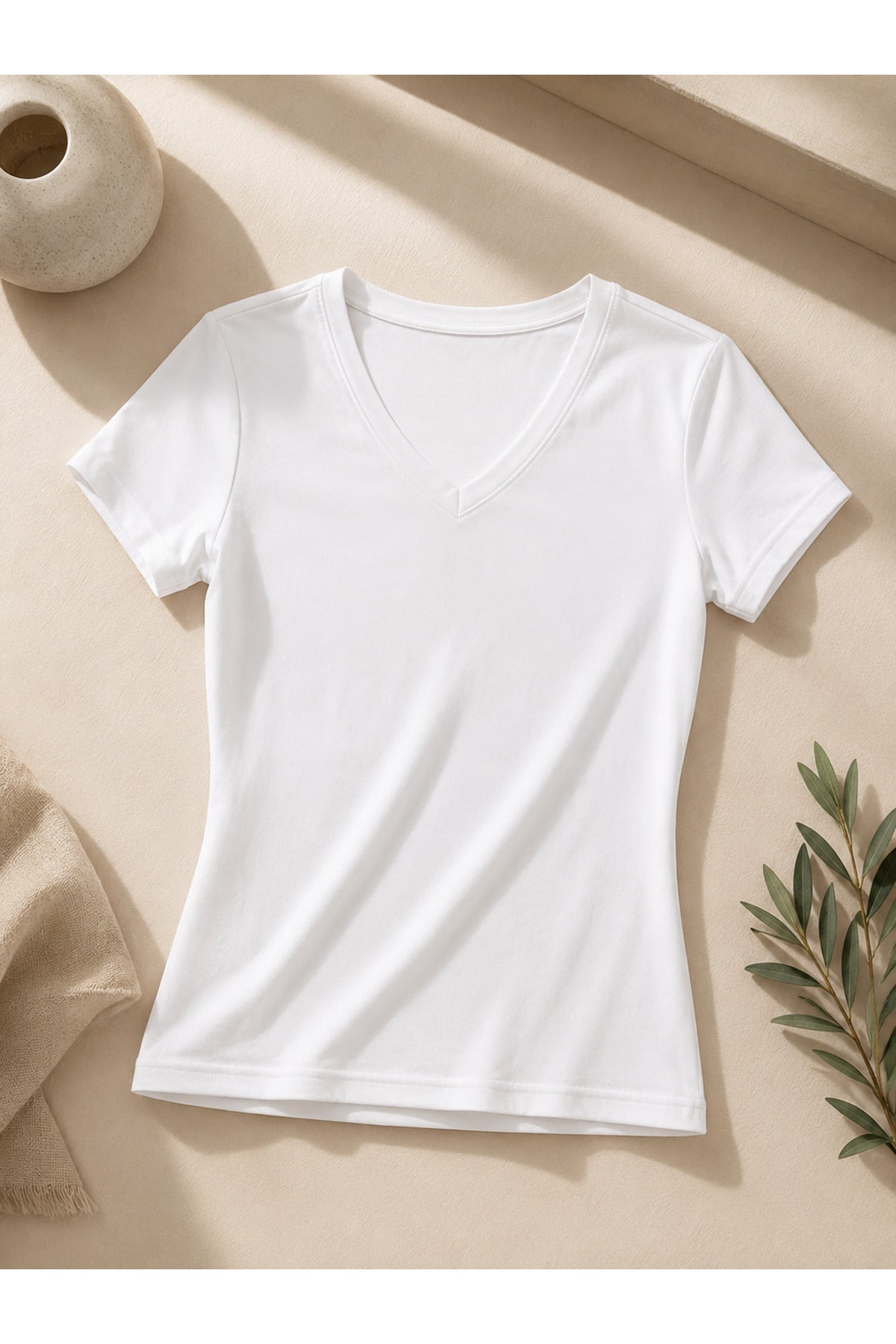 Kadın Modal Pamuklu Likralı Yarım Kol V Yaka 4'lü Atlet T-shirt