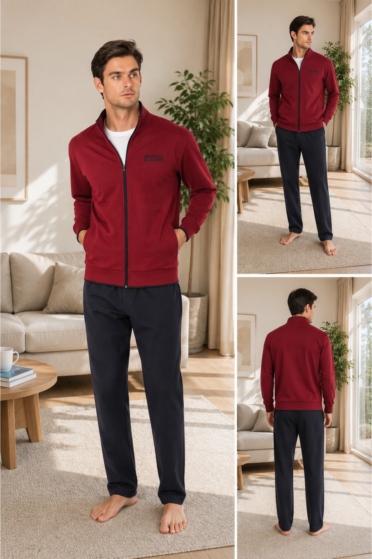 Bordo Eşofman & Beyaz Basic Tişört Erkek İkili Kombin Set