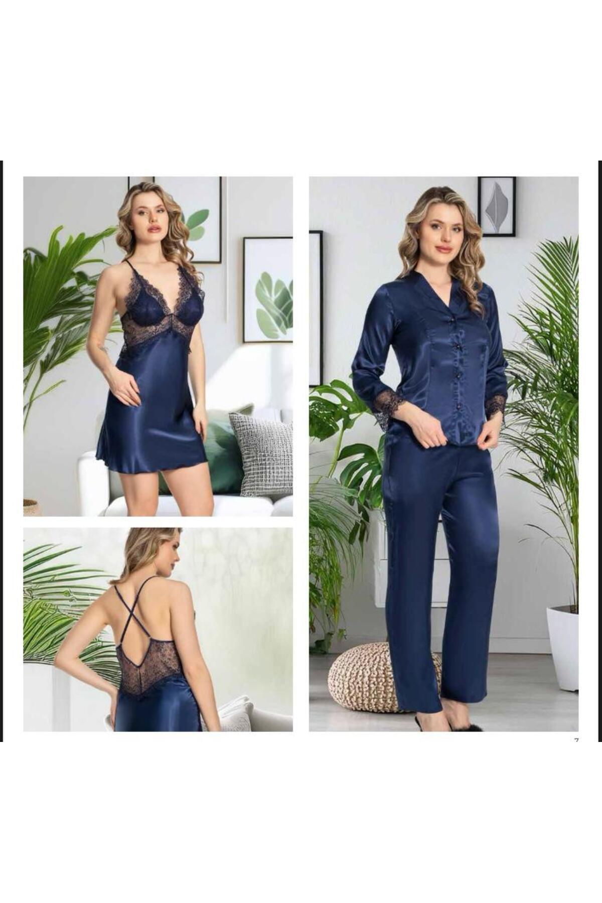 Kadın Lacivert Saten Gecelik Sabahlık Pijama Takım Şort Takım 6'lı Set J.ER.3.R.O.Z6.0.E.L.T.