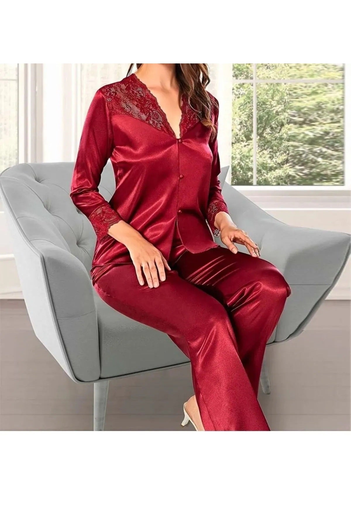 Kadın Bordo Saten Çeyiz Seti 6 Parça Dantelli Sabahlık Gecelik Pijama Şortlu Takım R.O.Z.8.6.E.LT.A