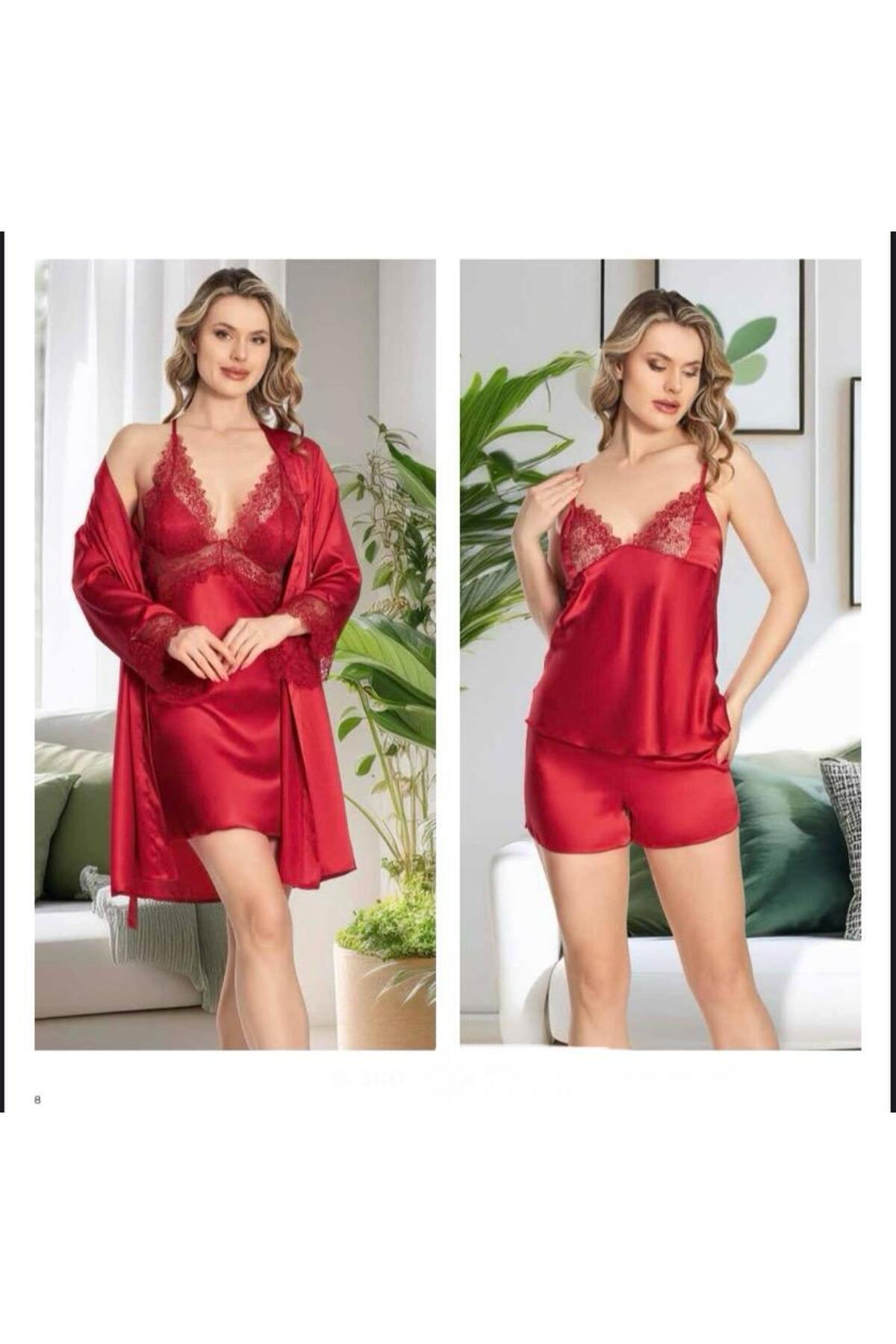 Kadın Bordo Saten Gecelik Sabahlık Pijama Takım Şort Takım 6'lı Set J.ER.3.R.O.Z6.0.E.L.T.