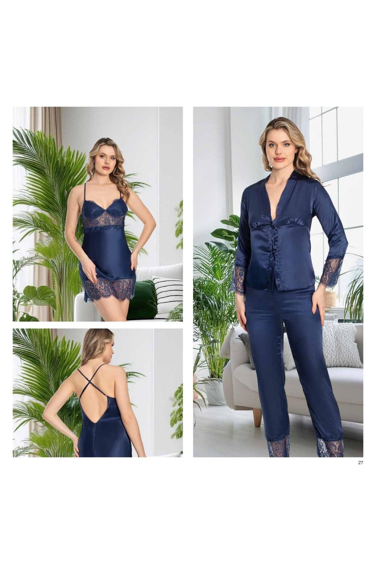 Kadın Lacivert Saten Gecelik Sabahlık Pijama Takım Şort Takım 6'lı Set J.ER.3.R.O.Z7.0.E.L.T.
