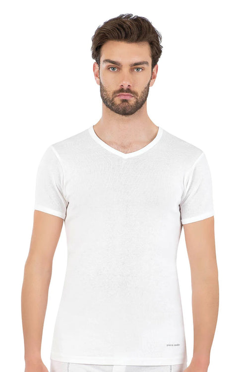 Erkek Beyaz  Ribana V Yaka T-Shirt  2'li Pamuklu Kutulu R.O.4.Z.4.E.L2.T.