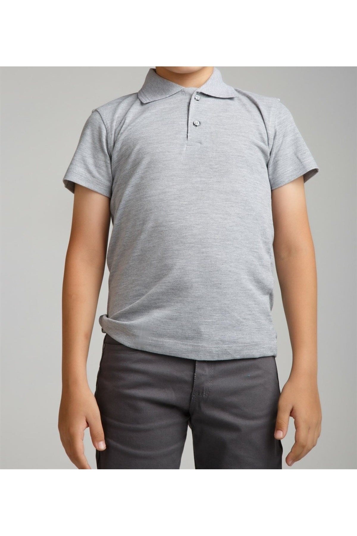 Gri Kısa Kollu Polo Yaka Lakost  Okul T-shirt R.O.Z.O.KU.LT.E.L.T.