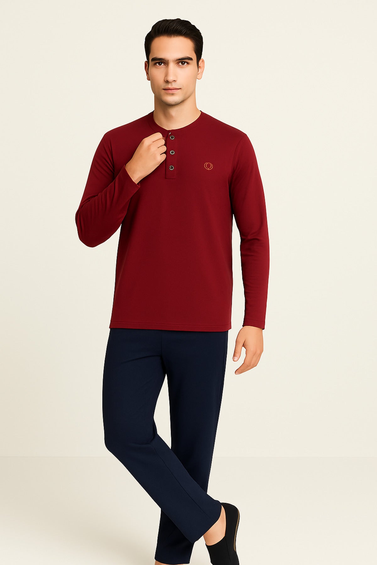 Erkek Bordo %100 Pamuklu Uzun Kol Pijama Takımı