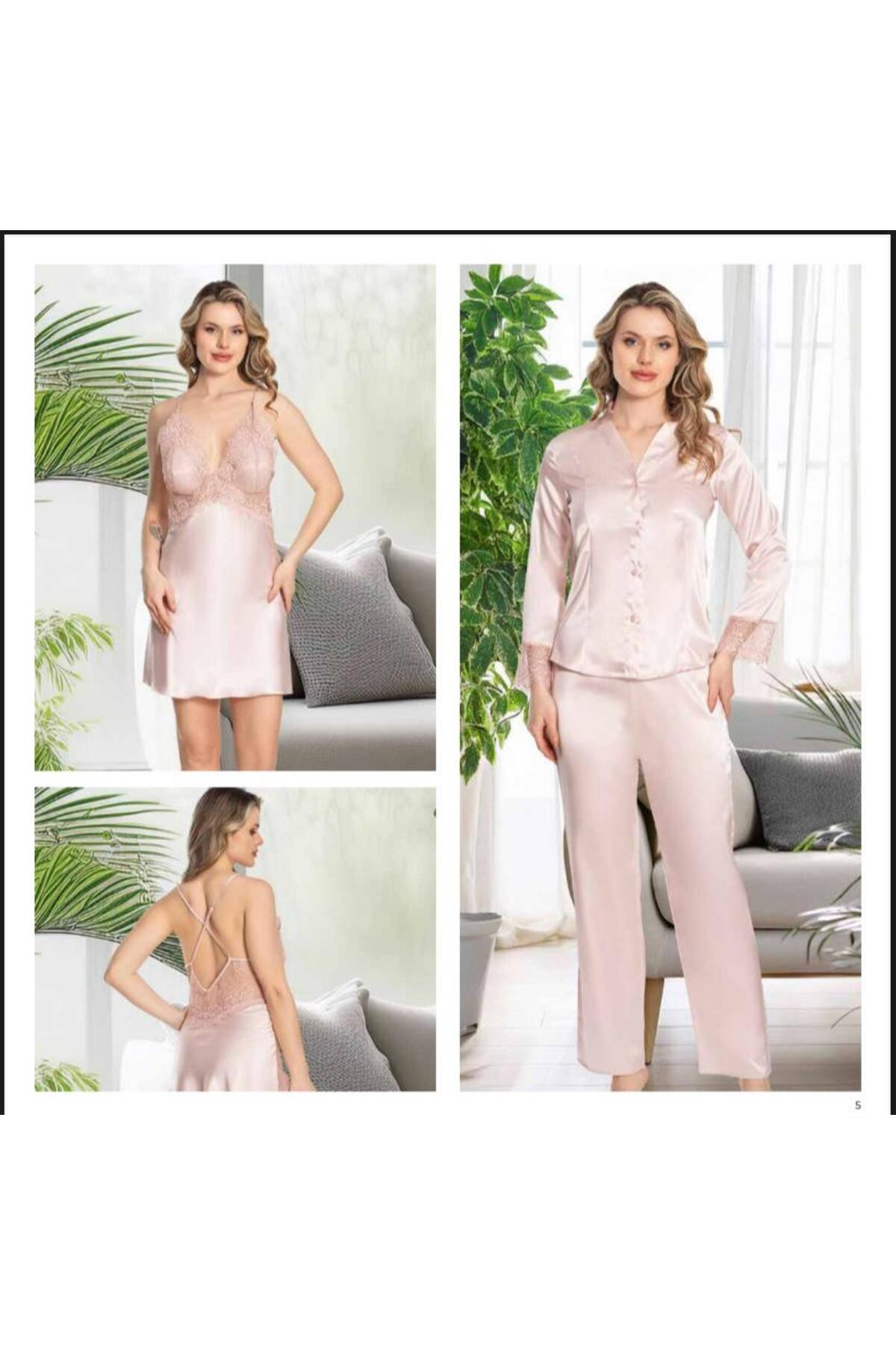 Kadın Pudra Saten Gecelik Sabahlık Pijama Takım Şort Takım 6'lı Set J.ER.3.R.O.Z6.0.E.L.T.