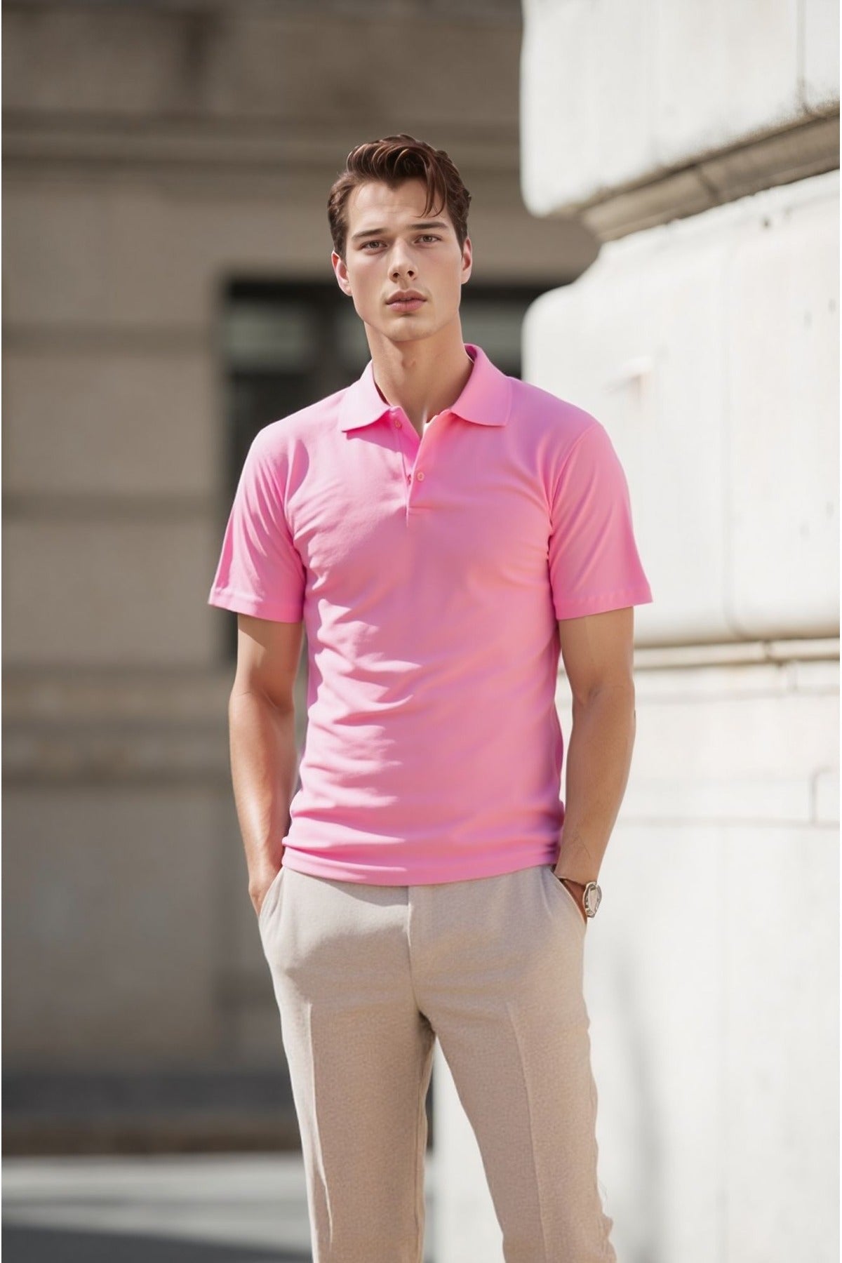 Erkek Açık Pembe Pamuklu Polo Yaka T-shirt