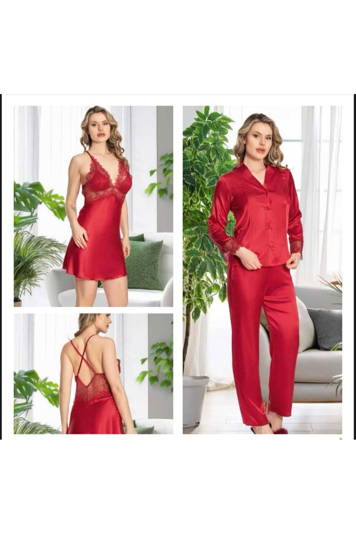 Kadın Bordo Saten Gecelik Sabahlık Pijama Takım Şort Takım 6'lı Set J.ER.3.R.O.Z6.0.E.L.T.