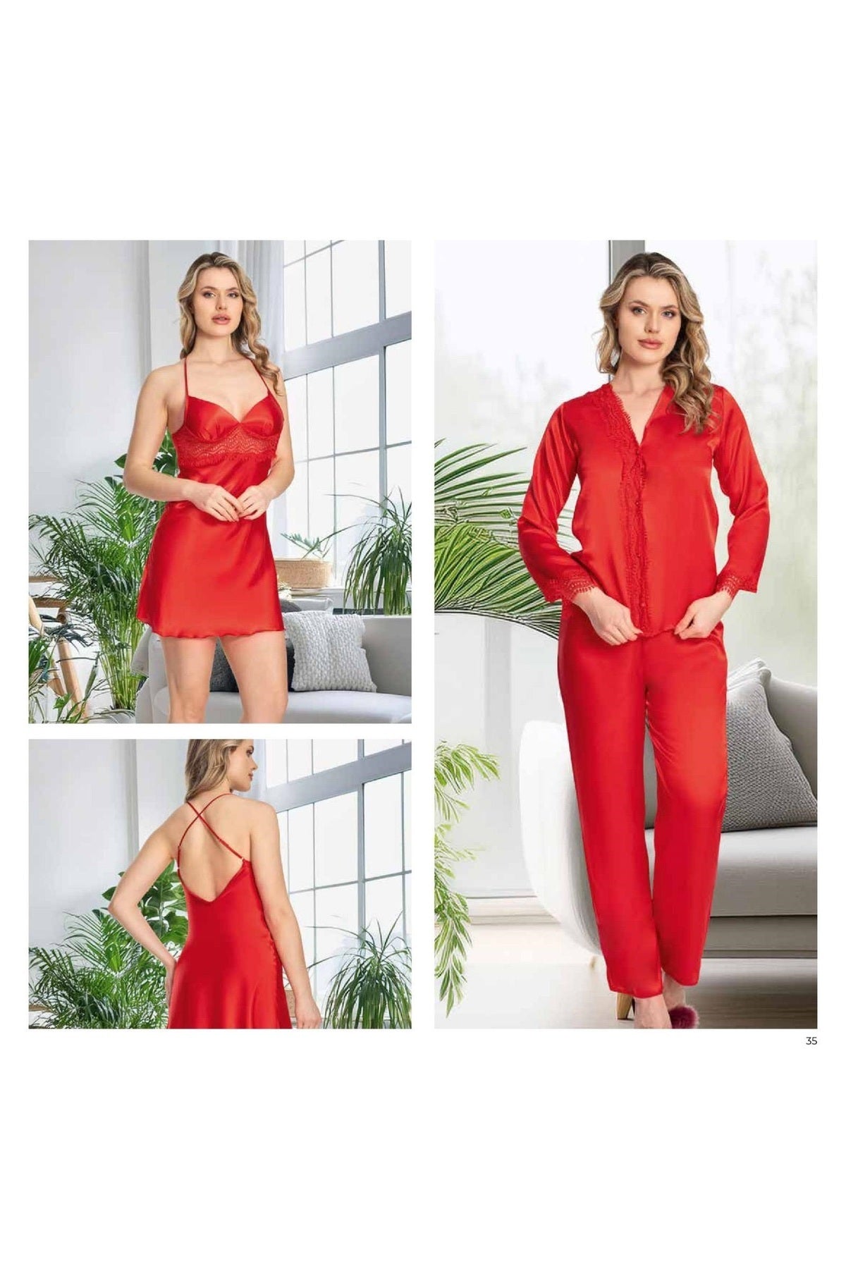 Kadın Kırmızı Saten Gecelik Sabahlık Pijama Takım Şort Takım 6'lı Set J.ER.3.R.O.Z5.5.E.L.T.