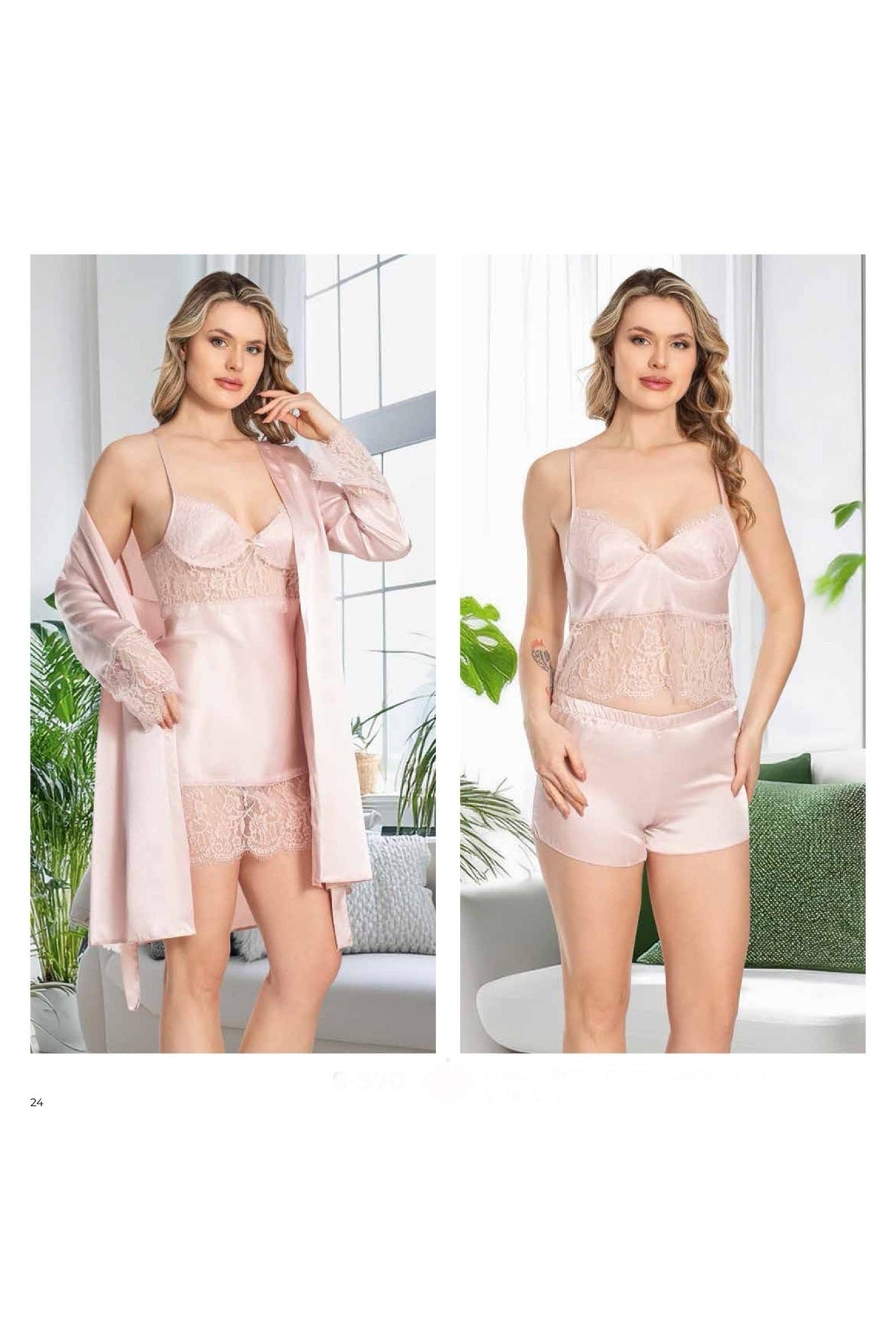 Kadın Pudra Saten Gecelik Sabahlık Pijama Takım Şort Takım 6'lı Set J.ER.3.R.O.Z7.0.E.L.T.