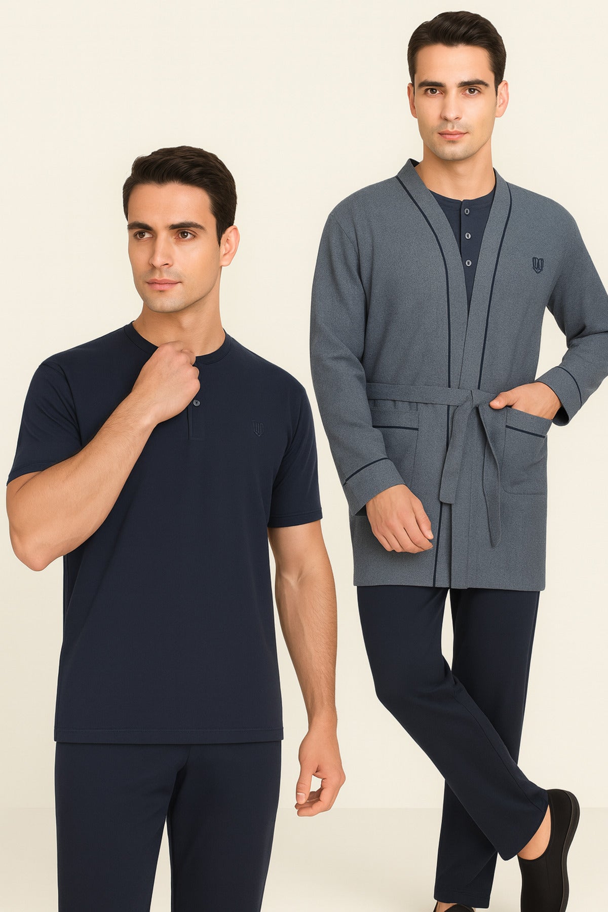 Erkek Lacivert %100 Pamuklu 5 Parça Robdöşambr & Kutulu Pijama Takımı