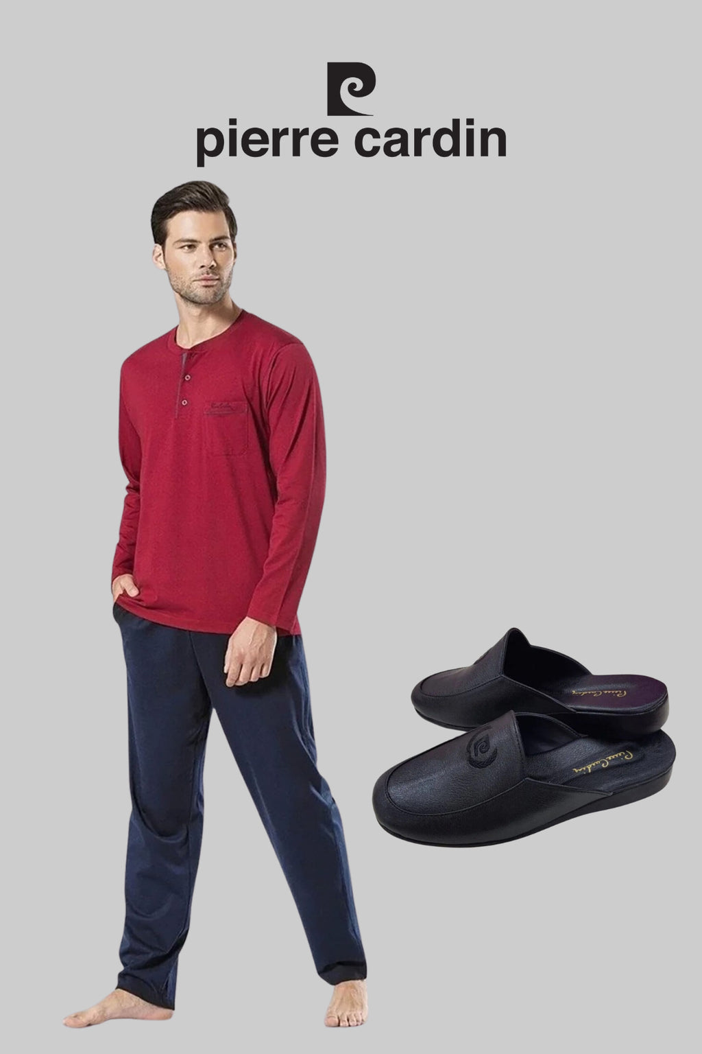 Erkek Bordo Pamuklu Çeyizlik Kutulu Pijama Takımı Terlik Set