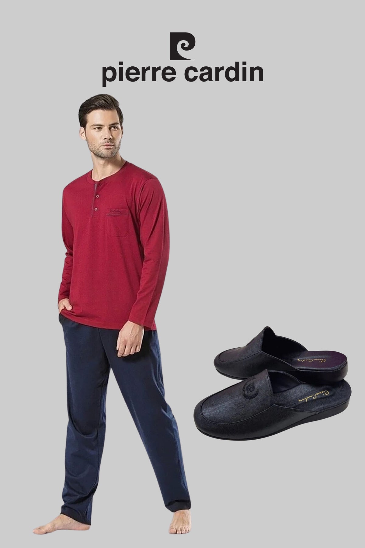 Erkek Bordo Pamuklu Çeyizlik Kutulu Pijama Takımı Terlik Set