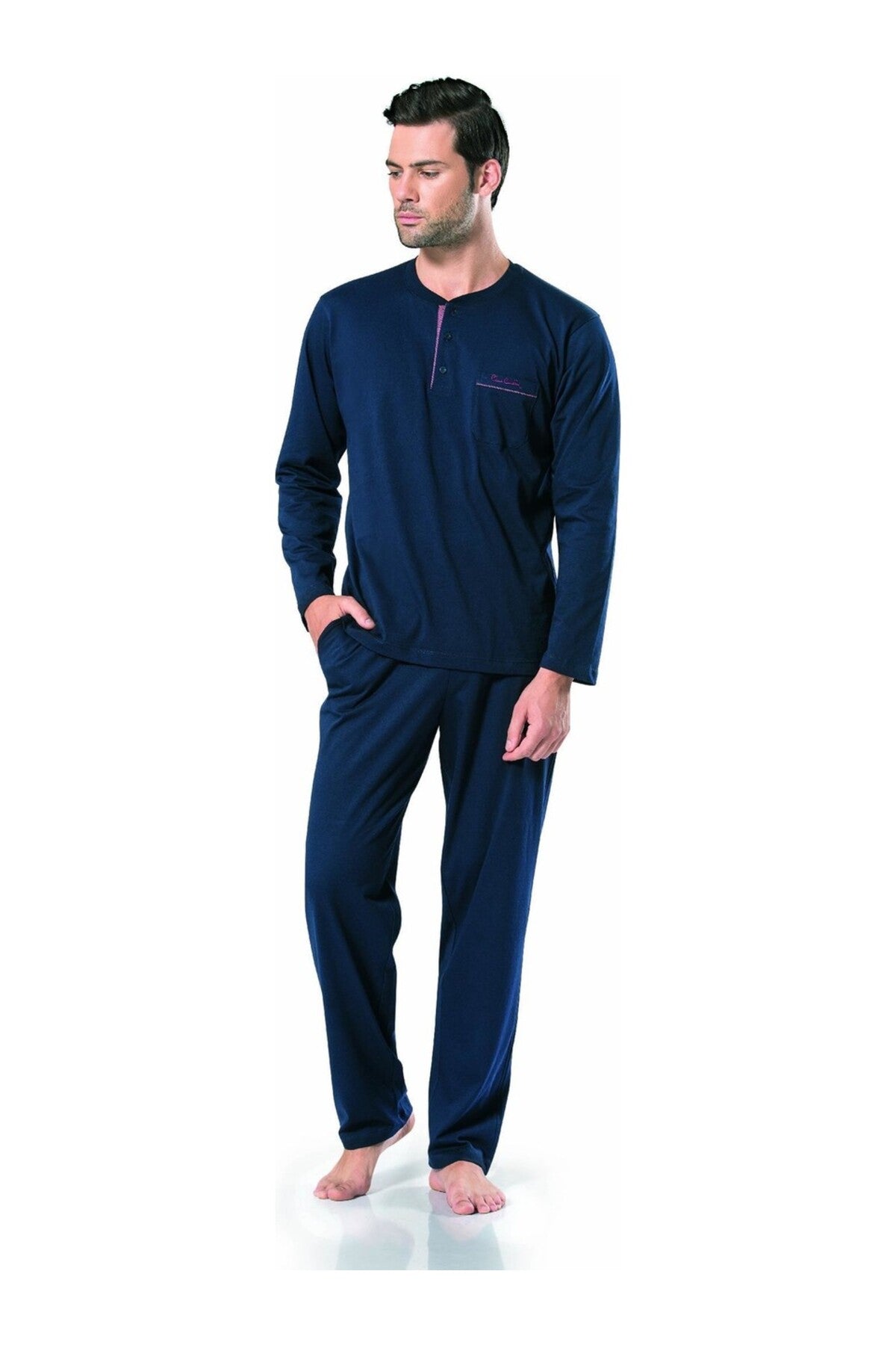 Erkek Lacivert Pamuklu Çeyizlik Kutulu Pijama Takımı Kemer & Cüzdan Set