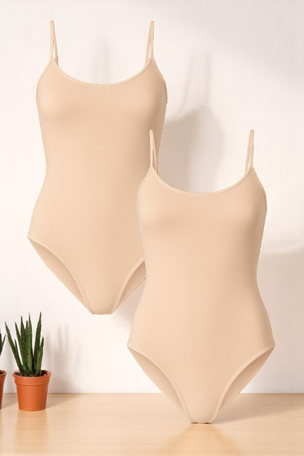 Kadın Pamuklu İp Askılı Geniş Yaka Ten 2'li Çıtçıtlı Body