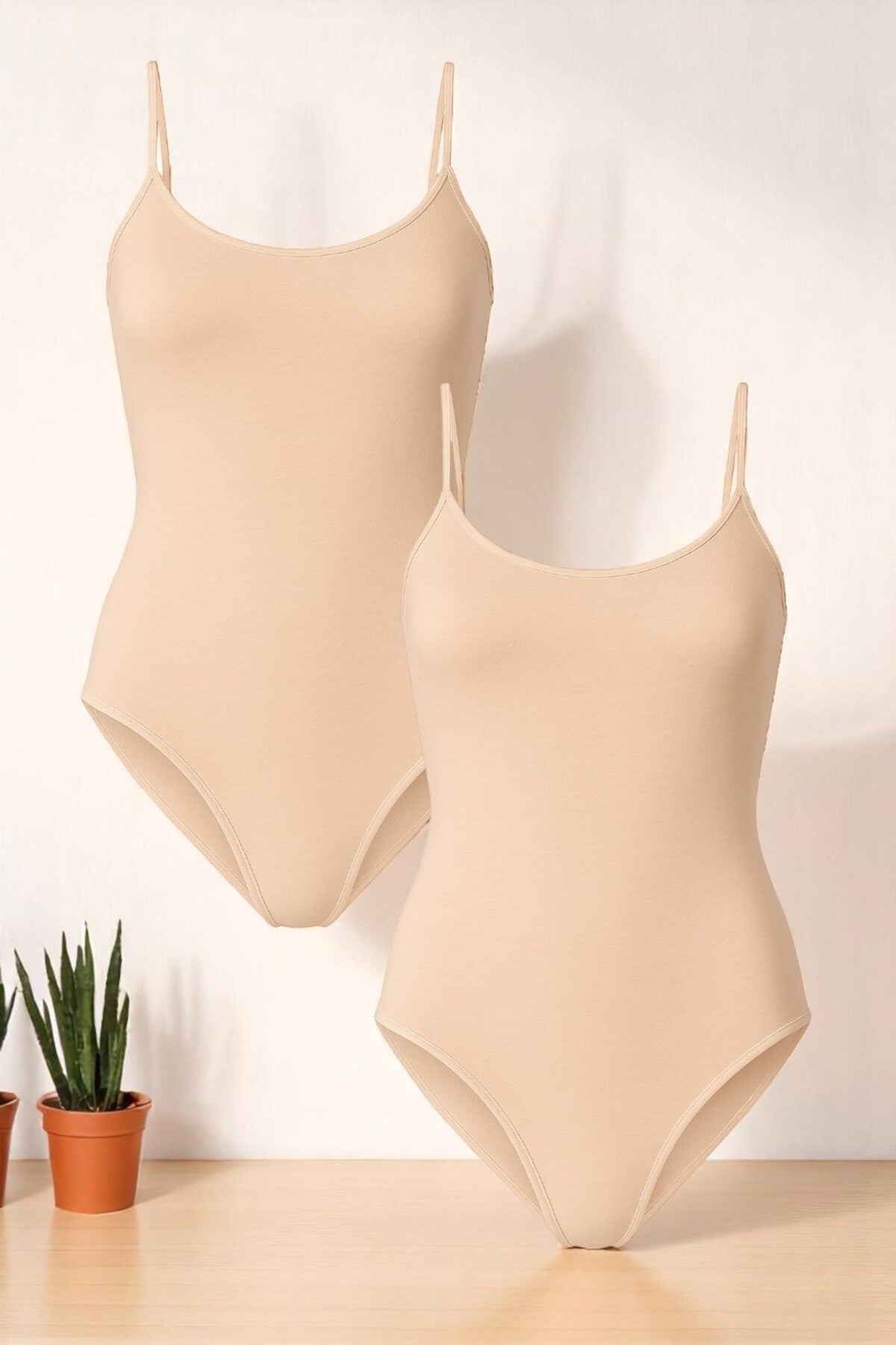 Kadın Pamuklu İp Askılı Geniş Yaka Ten 2'li Çıtçıtlı Body