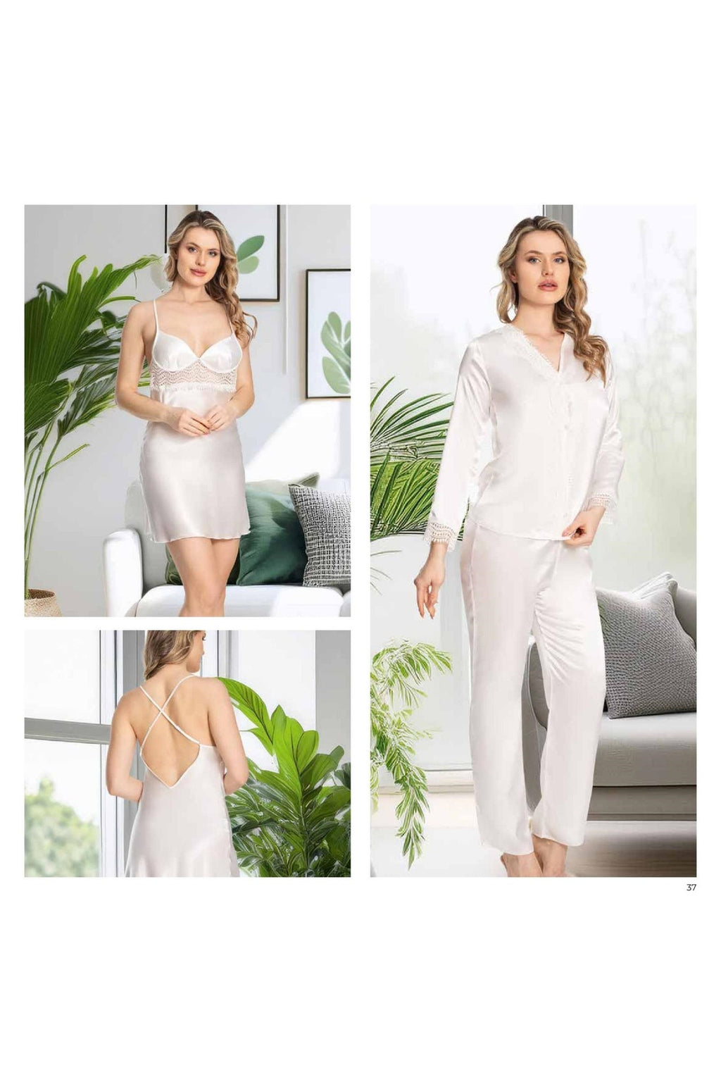 Kadın Ekru Saten Gecelik Sabahlık Pijama Takım Şort Takım 6'lı Set J.ER.3.R.O.Z5.5.E.L.T.