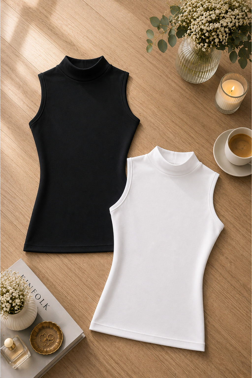 Kadın Siyah & Beyaz Modal Pamuklu Likralı Kolsuz Yarım Balıkçı Yaka 2'li Atlet T-shirt