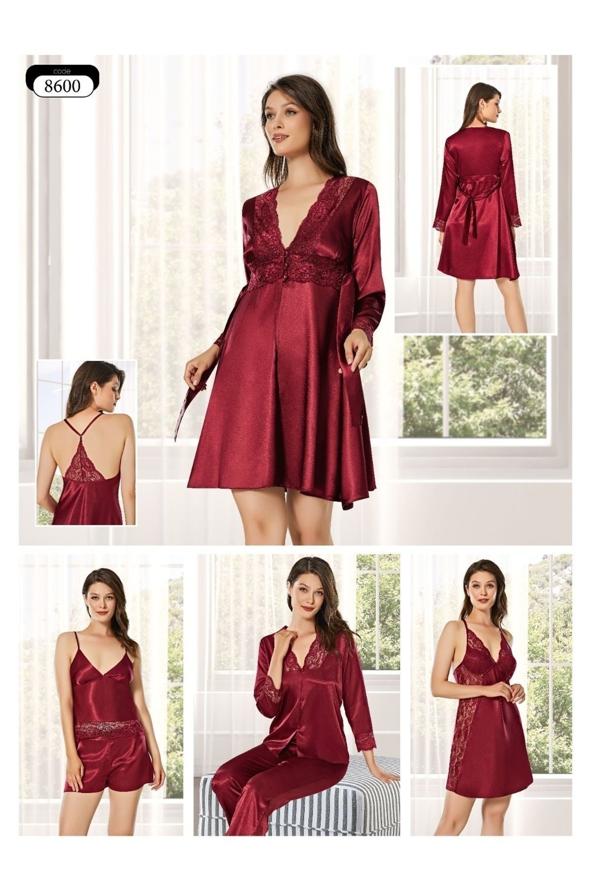 8600 Kadın Çeyizlik Saten 6'lı Set-bordo