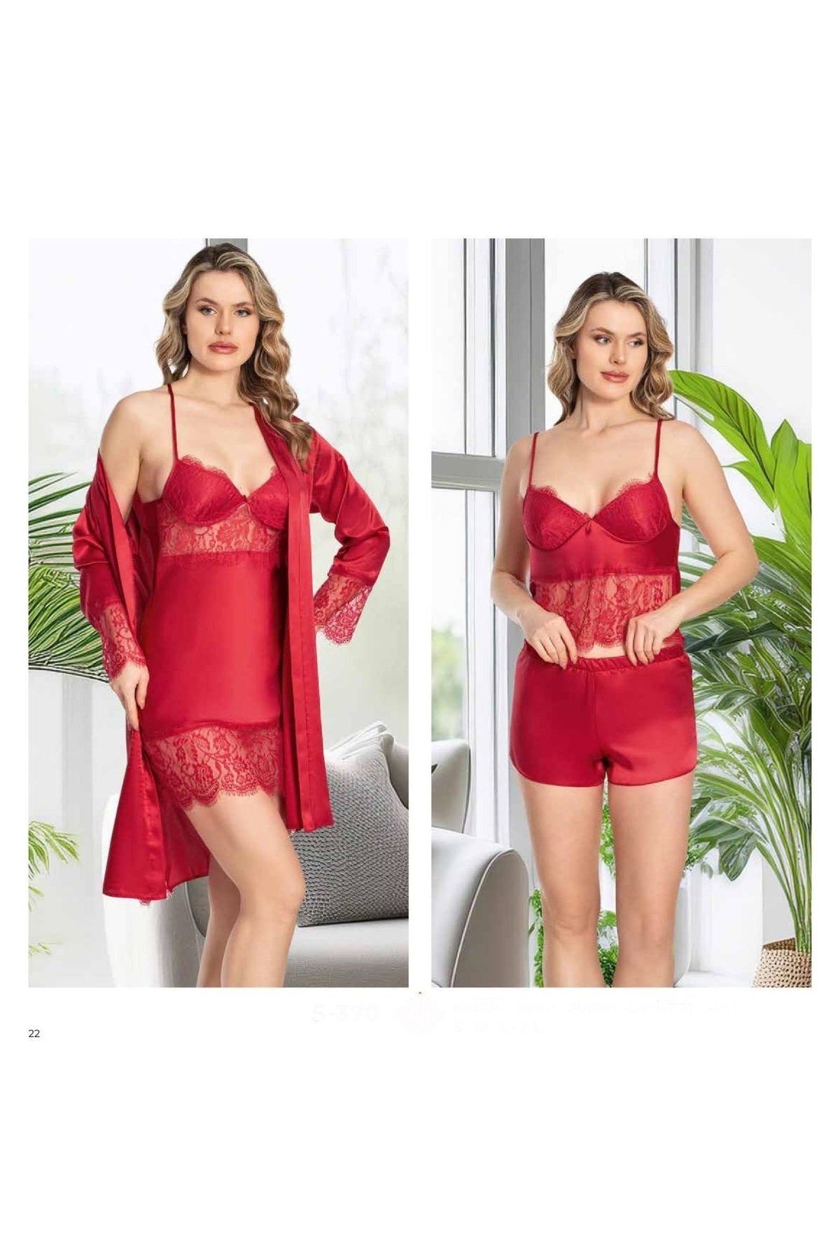 Kadın Bordo Saten Gecelik Sabahlık Pijama Takım Şort Takım 6'lı Set J.ER.3.R.O.Z7.0.E.L.T.