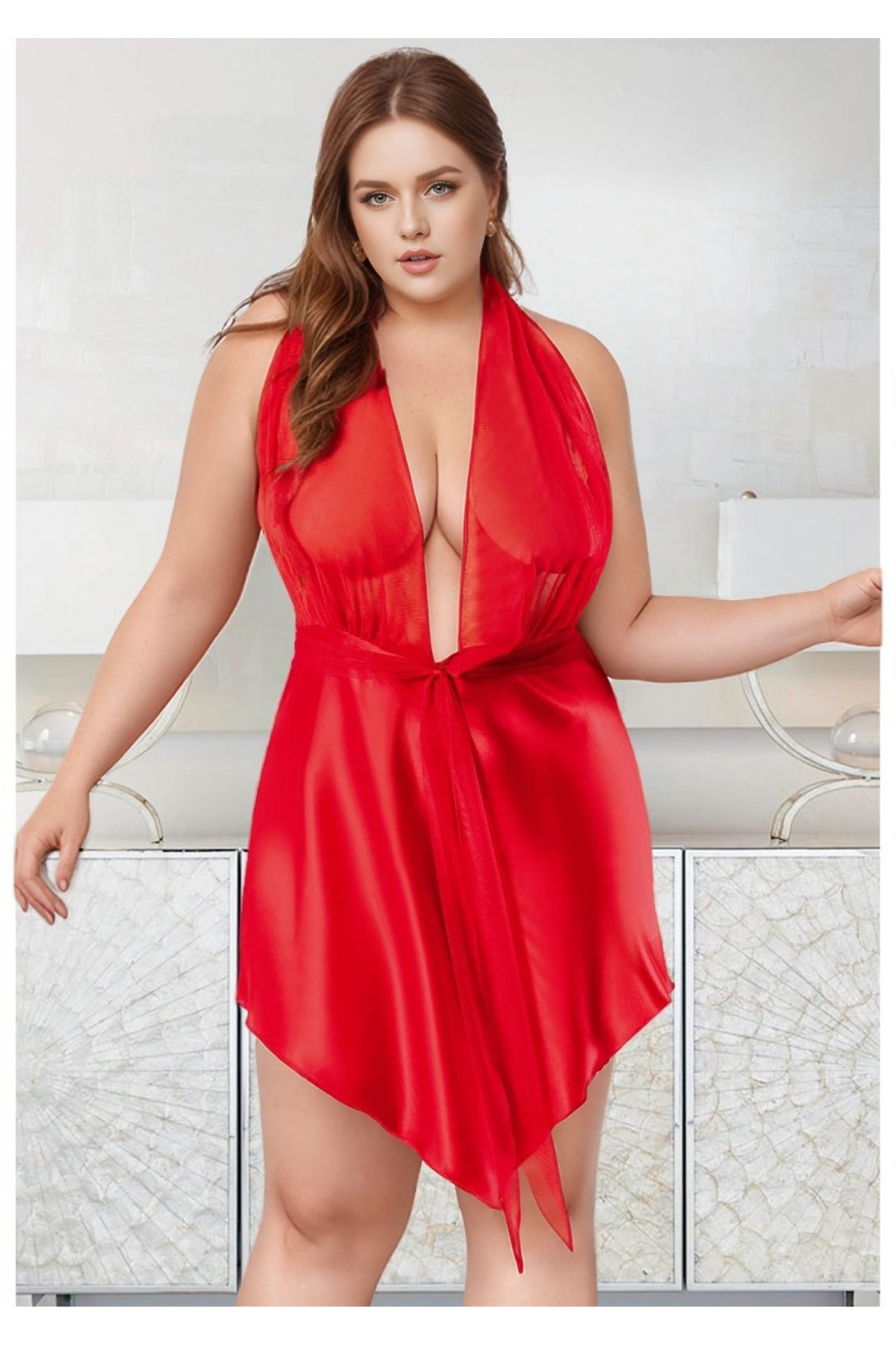 Kadın Kırmızı Büyük Beden Saten Gecelik - Boyundan Bağlamalı Plus Size Gecelik