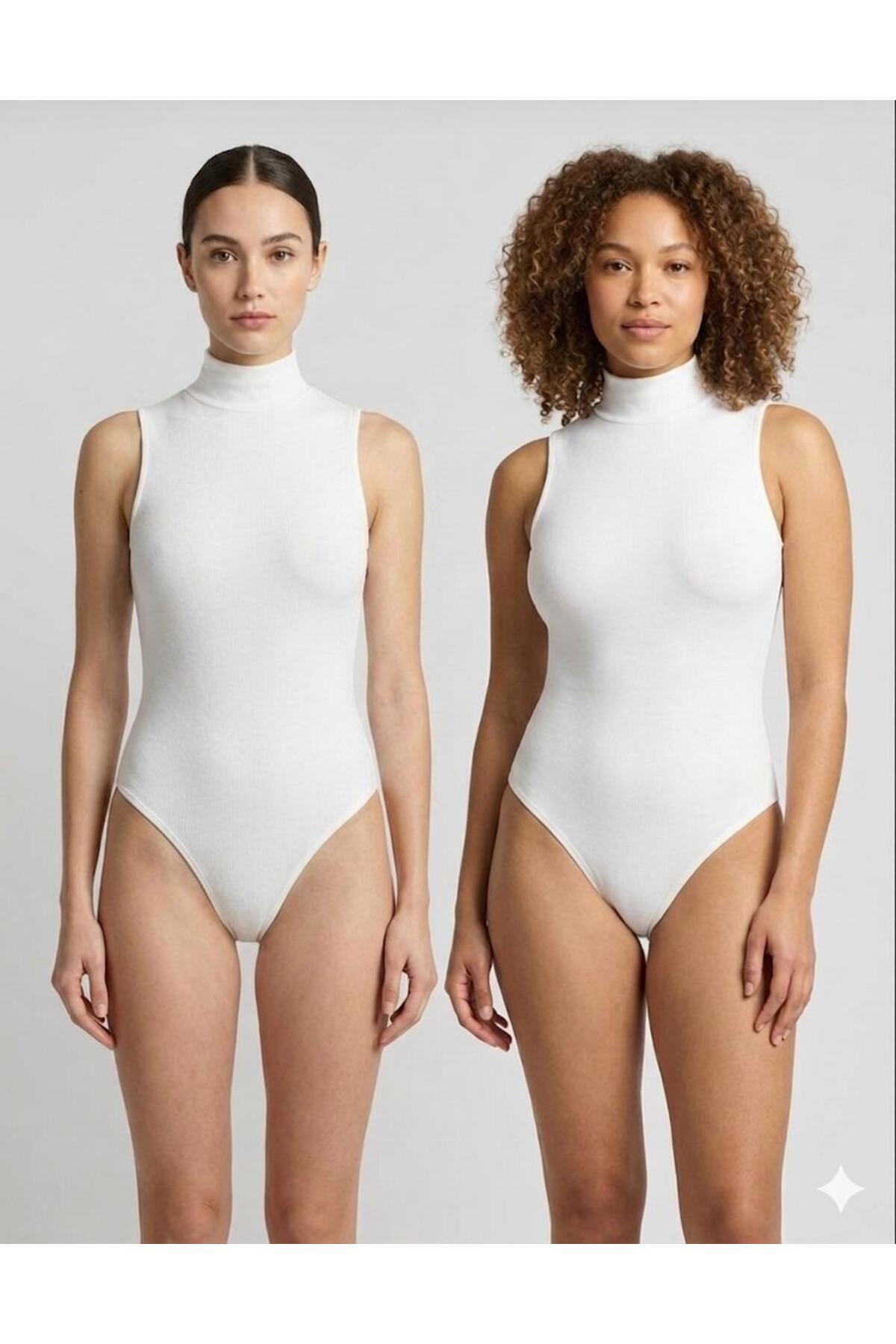 Kadın Beyaz Pamuklu Likralı Penye Kolsuz 2'li Çıtçıtlı Body