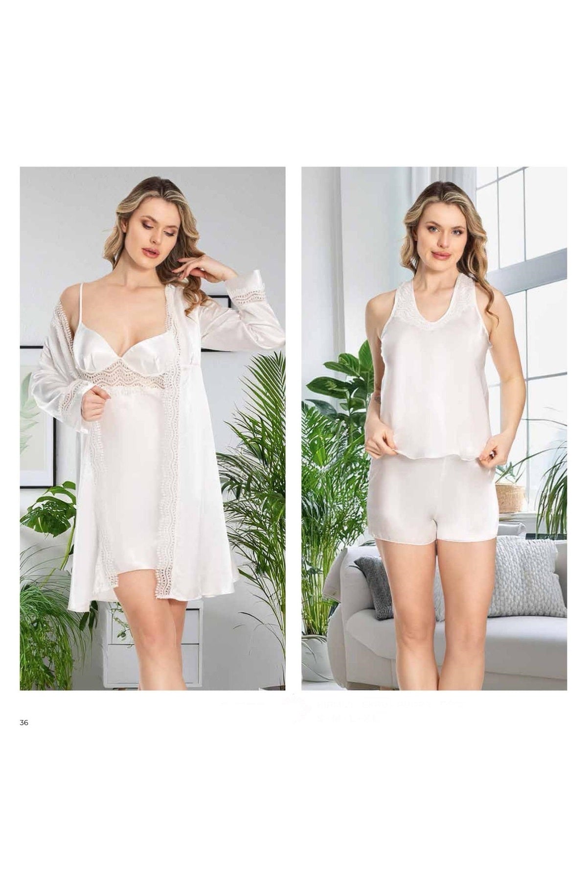 Kadın Ekru Saten Gecelik Sabahlık Pijama Takım Şort Takım 6'lı Set J.ER.3.R.O.Z5.5.E.L.T.