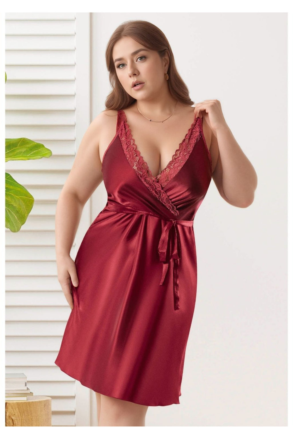 Kadın Bordo Büyük Beden Saten Gecelik - Dantel İşlemeli Plus Size Gecelik