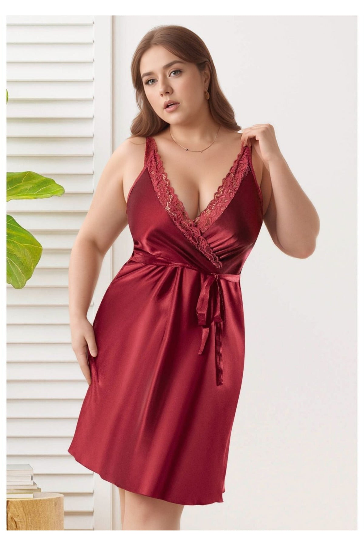 Kadın Bordo Büyük Beden Saten Gecelik - Dantel İşlemeli Plus Size Gecelik